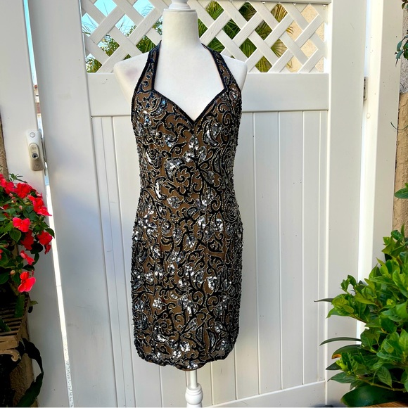 Vintage Oleg Cassini Black Tie Collection Silk Rhinestone Halter Dress Size 10 - Picture 3 of 15